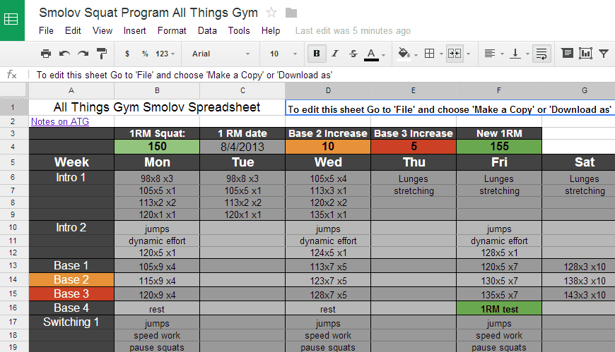 Smolov Squat Program Spreadsheet Screenshot