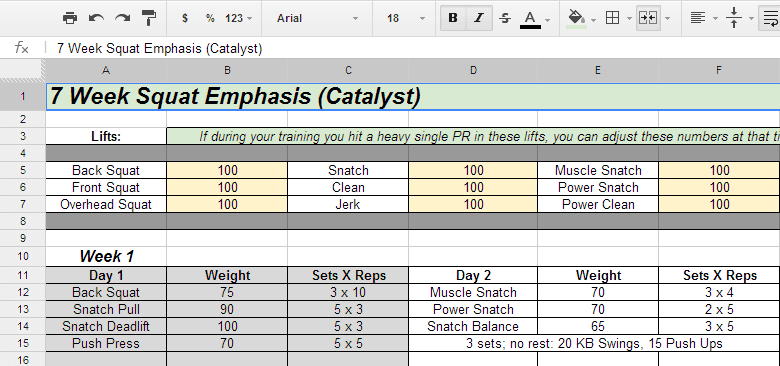 7 Week Squat Emphasis Spreadsheet - All Things Gym